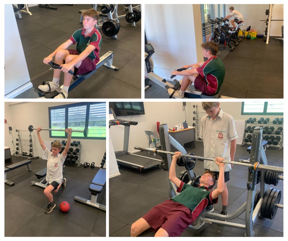 Collage with four images of students working out in the gym.